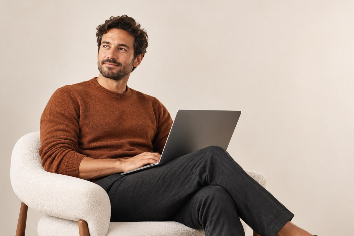 A professional reflecting with a laptop in a cream studio