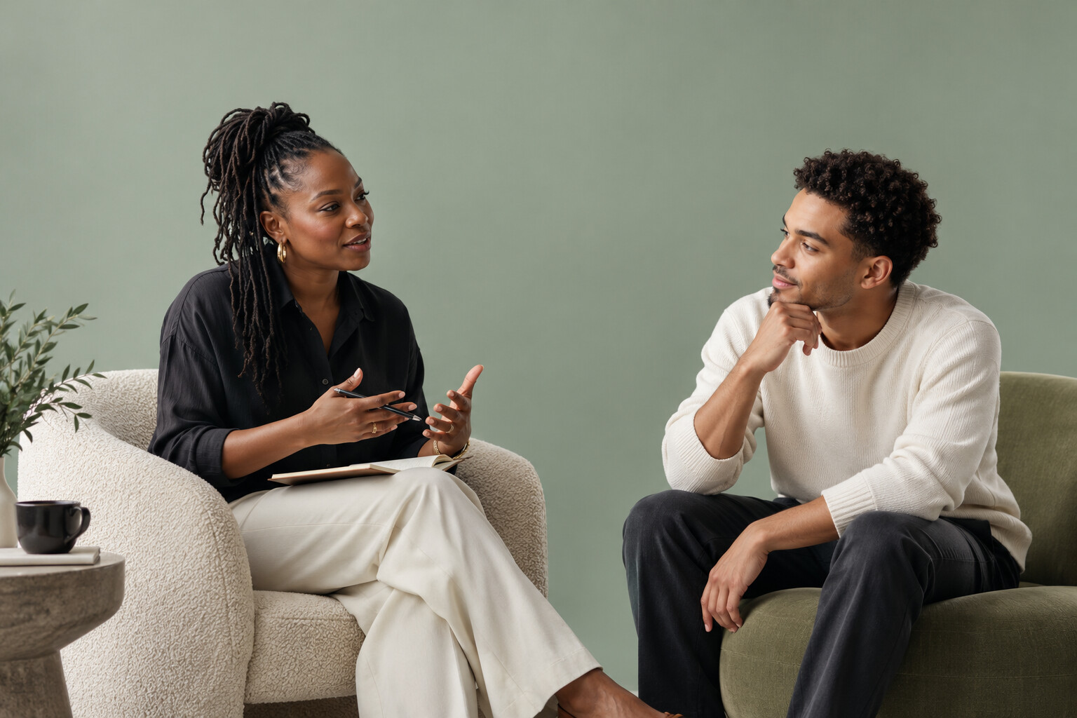 Illustrative studio photograph of a coaching conversation against a sage backdrop