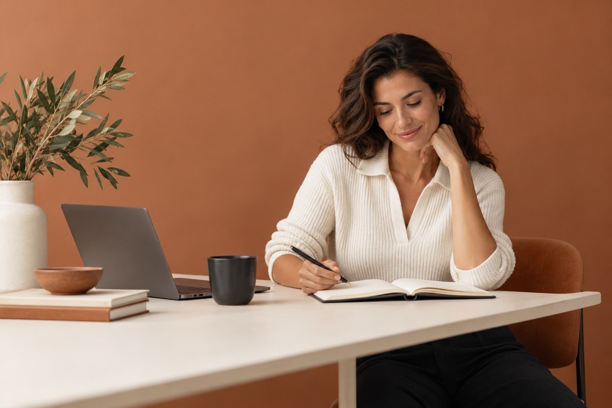 A professional writing in a notebook against a clay backdrop
