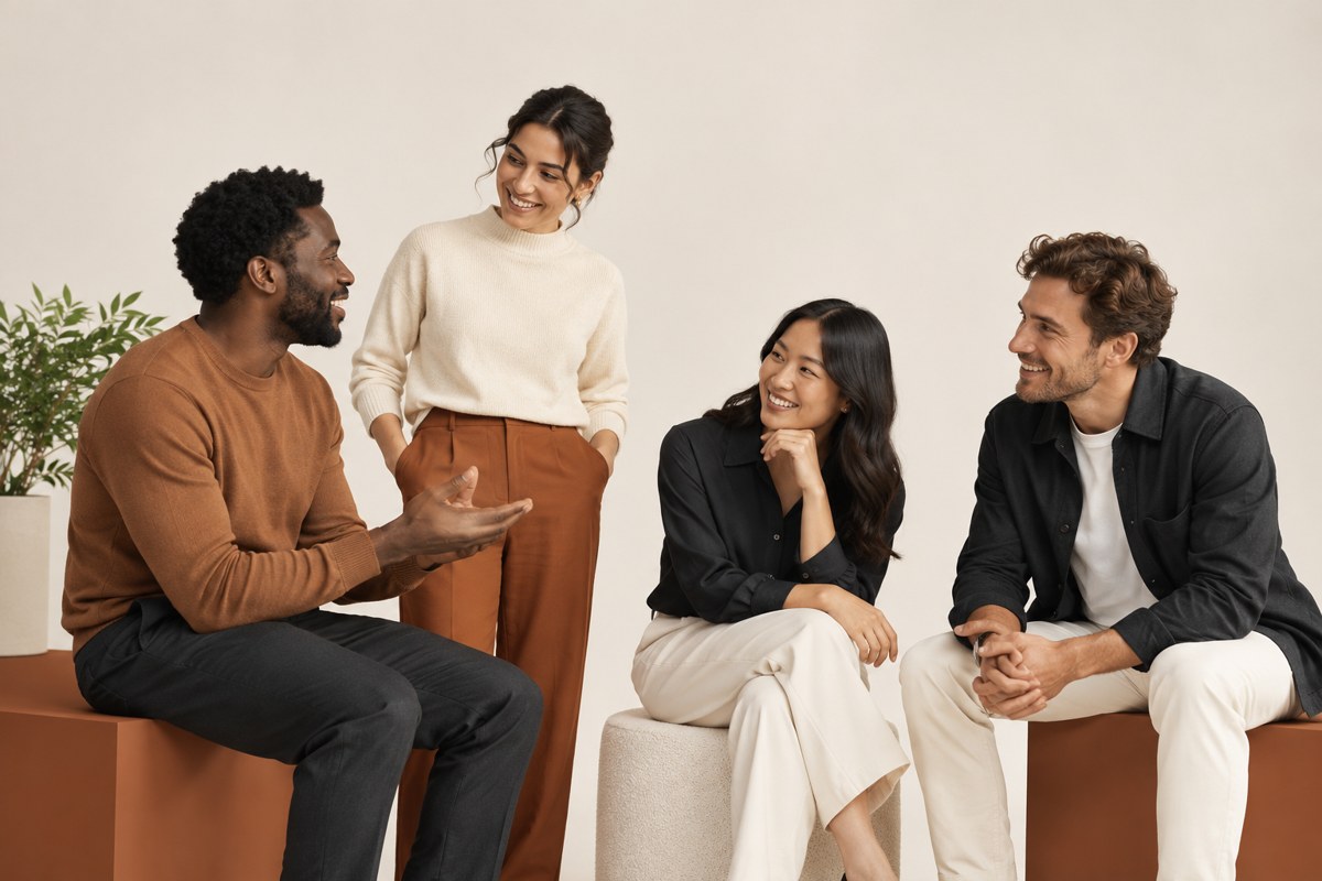 Colleagues exchanging ideas in a cream studio