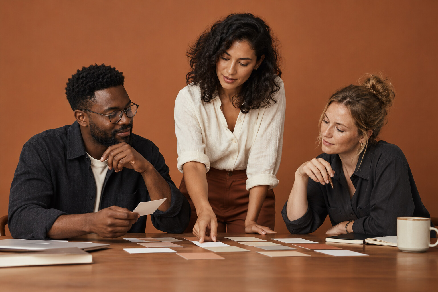 Illustrative studio photograph of colleagues planning together against a clay backdrop